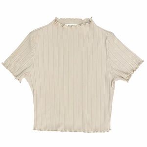 Fitted Women's Ribbed Knit Lettuce Trim Crop Top Beige L